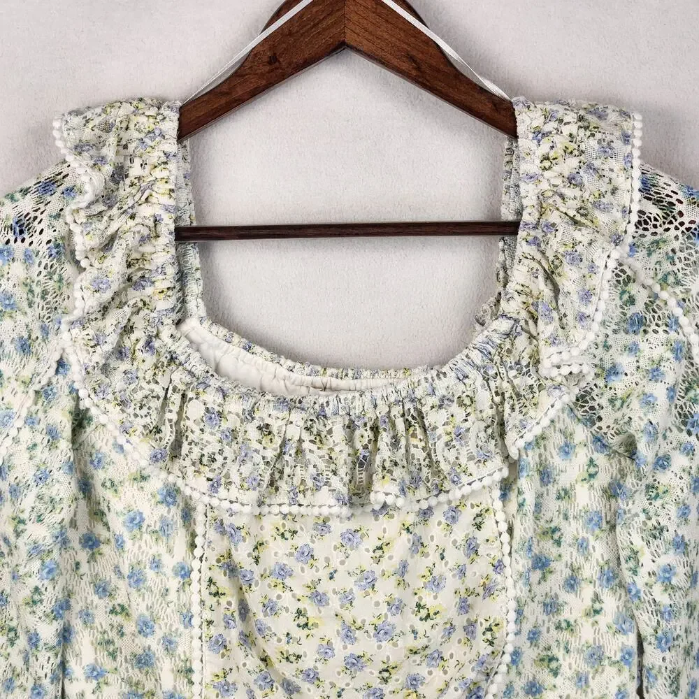 House of Harlow 1960 Floral Crop Blouse Womens M Blue Ruffle Cottagecore EUC - Picture 4 of 16